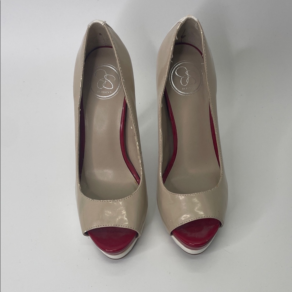 Jessica Simpson Beige and Red Peep-Toe Heels